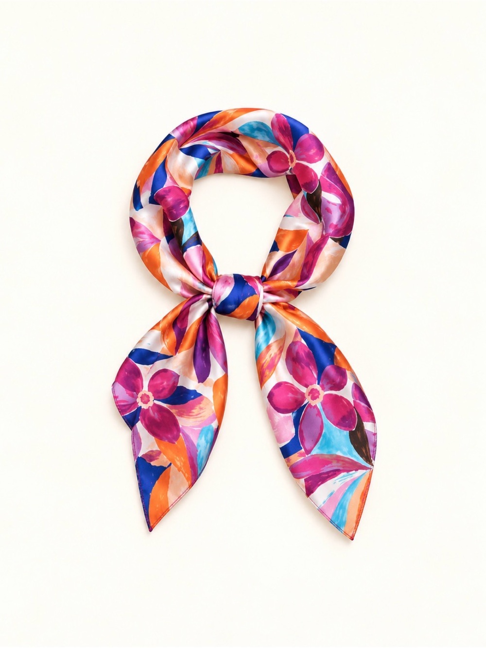 Vibrant Floral Satin Scarf in Pink, Blue & Orange